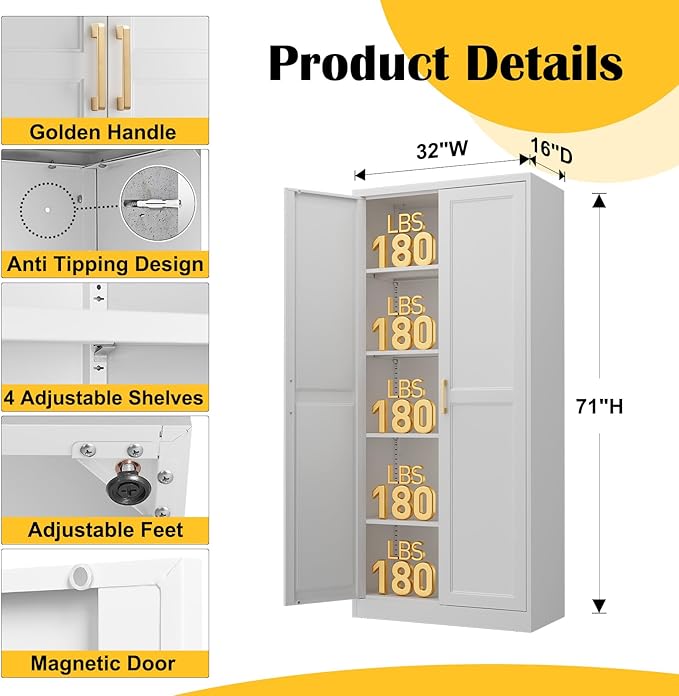 SteeLoong Kitchen Pantry Cabinet,71”White Metal Pantry Storage Cabinet with Doors and 4 Adjustable Shelves,Kitchen Cabinet with 2 Gold Handles,Tall Cabinet for Livingroom,Pantry, Bathroom,Kitchen