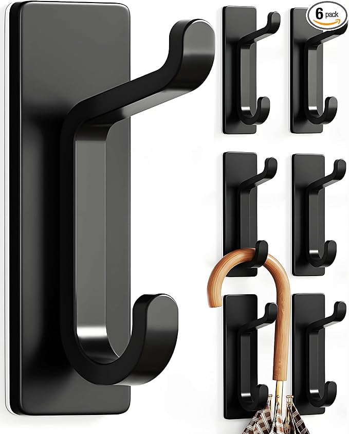 pickpiff Wall Hooks for Coat and Towel: 13LB Strong Adhesive Door Hanger Stick on, Black 6 Pack