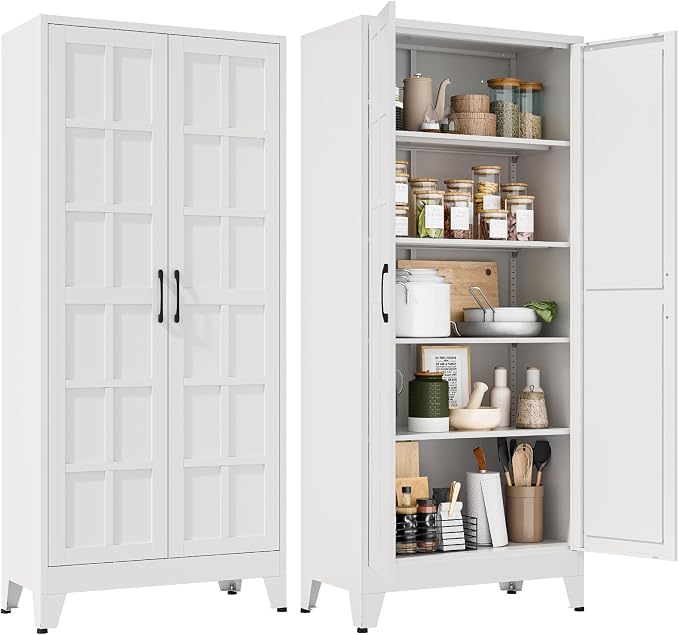 Metal Storage Cabinet with Doors and Adjustable Shelves | 71" Tall Pantry Cabinet for Kitchen Dining Room Bathroom Garage,White,1 Pce