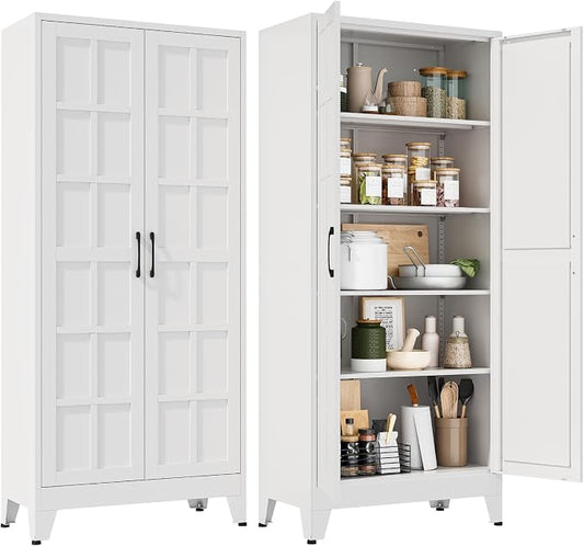 Metal Storage Cabinet with Doors and Adjustable Shelves | 71" Tall Pantry Cabinet for Kitchen Dining Room Bathroom Garage,White,1 Pce