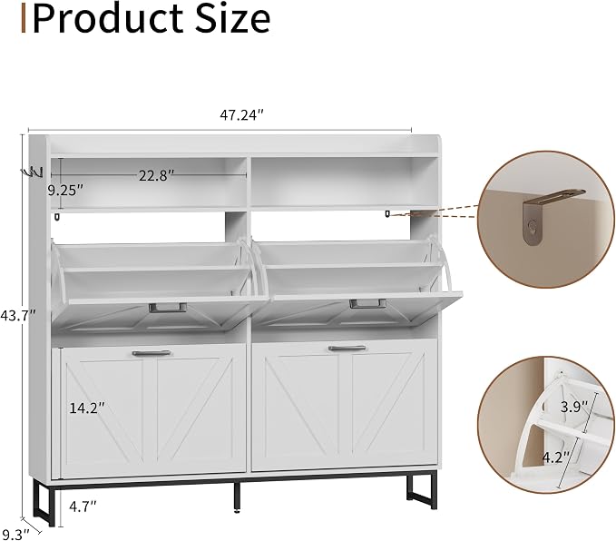 Shoe Cabinet with 4 Flip Drawers, Freestanding Hidden Shoe Storage Organizer for Entryway, Narrow Slim Shoe Rack Cabinet with Open Storage & Hooks for Front Door Entrance, Living Room, Hallway, White
