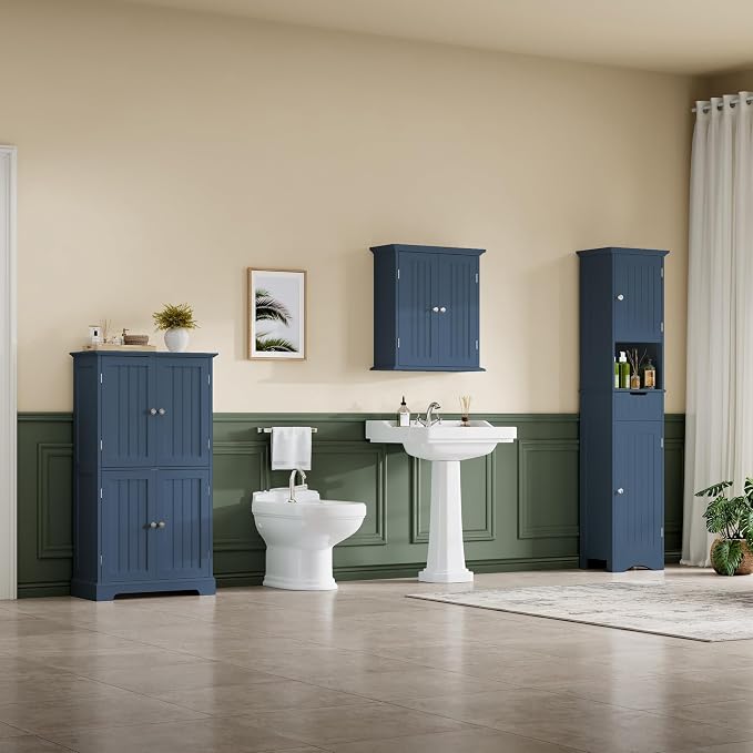ChooChoo Bathroom Floor Cabinet with Adjustable Shelves | Bathroom Storage Cabinet, 4 Doors, Freestanding Cupboard for Living Room, Blue