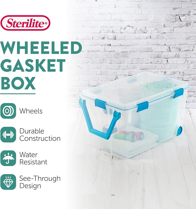Sterilite Gasket Storage Box with Lids for Home & Office, 120 Quart, 3-Pack | Heavy-Duty, Stackable, and Organizing Containers for Bathroom, Cabinet, Closet, and Garage, Clear and Blue Aquarium Latches