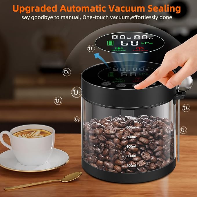 Automatic Vacuum Coffee Canister, 0.8L Coffee Container with LED Display | Smart Pressure Sensor,Window,Scoop Rechargeable Airtight Electric Coffee Bean Storage for Home Kitchen Ground Food Storage