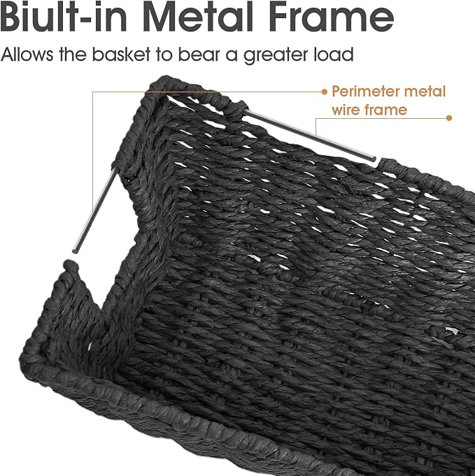 Paper Rope Storage Baskets for Shelves Organizing, Small Hand Woven Wicker Organizer Basket with Handle for Bathroom Toilet Paper Storage, Black, 3-Pack