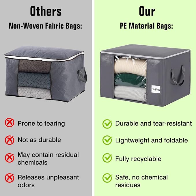 Blanket Storage Bags 6 Pack 60L Clothes Closet Organizer Containers PE | High-Strength PE, Reinforced Handle, Dual-Slider Zipper, Clear Window and Label Pocket, Ventilated Foldable Design