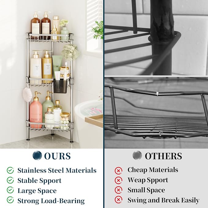 Consumest Corner Shower Caddy Stand - Rustproof Bathroom Organizer&Storage | 3 Tier Shower Shelves for Inside Shower, Stainless Steel Corner Shelf with Soap Holder, 4 Hooks, Brush Holder, Silver