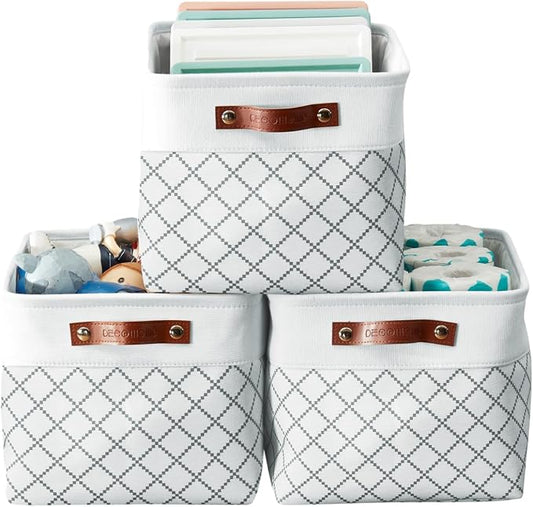 DECOMOMO Storage Bins, Fabric Storage Baskets for Shelves | 3 Pack Linen Closet Organizers for Toys and Nursery (Large, Checkered White)