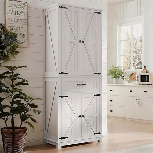 YITAHOME 72.6" Tall Farmhouse Pantry Cabinet, Storage Cupboard with 4 Barn Doors, 1 Drawer & Adjustable Shelves, Kitchen Cabinet for Dining Room, Living Room, White | Freestanding Storage Cupboard with 4 Barn Doors, Drawer & Adjustable Shelves, Kitchen...