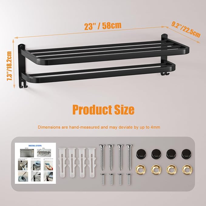 23 Inch Bathroom Towel Rack Towel Shelf with Double Towel Bars Lavatory Wall Mount Holder with Hooks Stainless Steel Hotel Bath Rack (Matte Black)