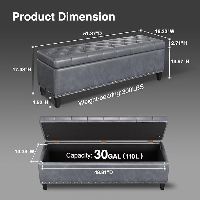 FiveWillowise 51 Inch Storage Ottoman Bench,Large End of Bed Storage Bench | Faux Leather Ottoman with Storage,30 Gallons,Upholstered,with Nailhead Trim,Legs,for Bedroom,Living Room,Entryway,Grey