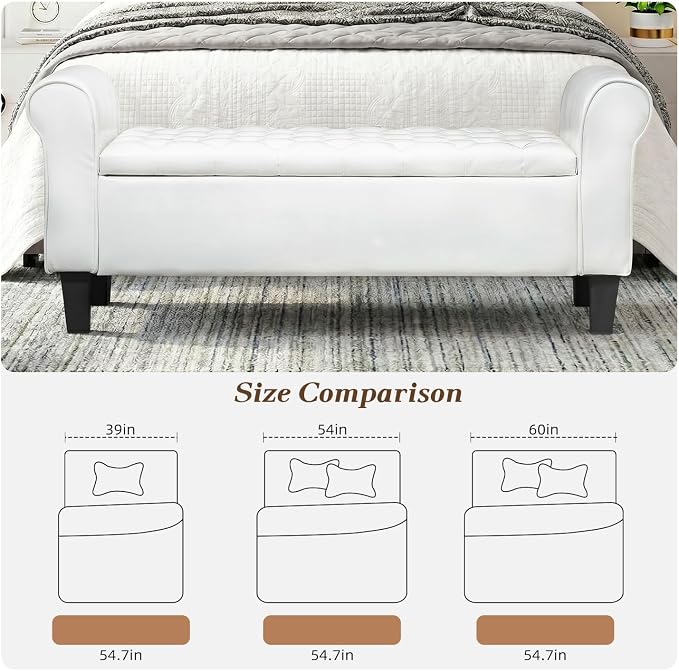 55" Storage Ottoman Bench for Living Room, End of Bed Bench with Rolled Arm Leather Ottoman with Storage Upholstered Entryway Bench Retro Style Footboard Bench for Bedroom, Cream White