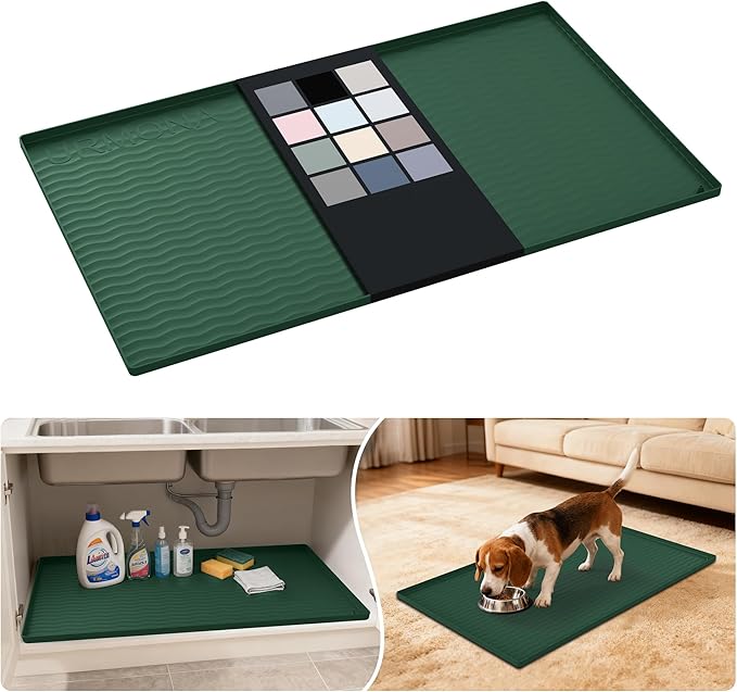 URMONA Waterproof Silicone Under Sink Mat 37'' x 22'' Shelf Liner for Kitchen and Bathroom, Cabinet and Counter Protector, Storage and Organizers, Litter Mat, Pet Cat Puppy Essentials(Green)