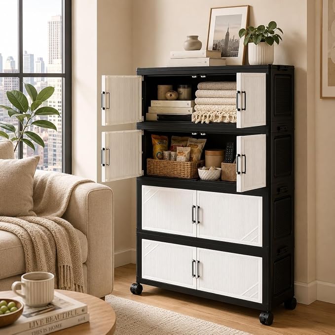 5 Tier Foldable Storage Cabinet with Top Lid, Tall Mobile PP Storage Organizer with Magnetic Doors and Wheels, Space-Saving Collapsible Organizer for Bedroom Living Room Kitchen Pantry Bathroom