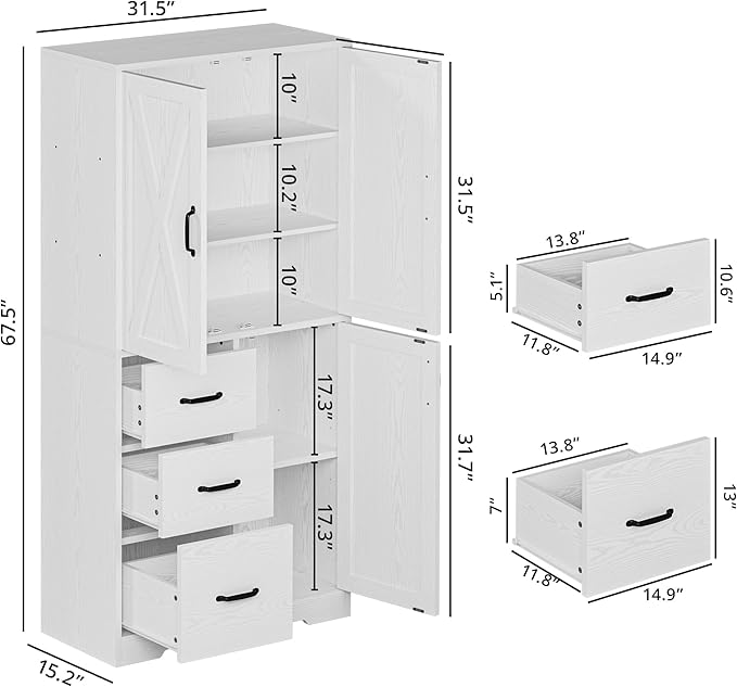 IRONCK Pantry Cabinet, Kitchen Storage Cabinet with 3 Door & Drawer, White | Adjustable Shelf. 67.5inch Tall. 5 Tier Freestanding. 150 lbs Per Shelf. Modern Style. FSC-certified Wood. Anti-tip.