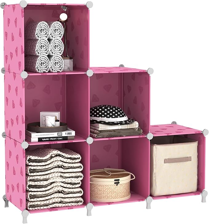 UNKU 6 Cube Storage Organizer, Closet Organizer Storage Shelves,Pink | DIY Stackable Bookcase, Clothes Organizer Shelf for Closet, Bedroom, Living Room, Cabinet, Home, Office