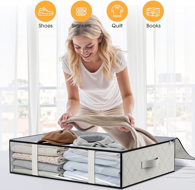 StorageRight Under Bed Storage Bags, 8 Pack, 40L, White | Breathable Non-Woven Fabric with a Clear Window and Zippered Top for Clothes, Comforters, Blankets and Seasonal Storage
