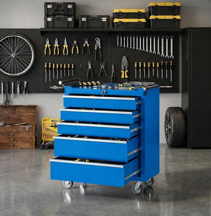 Garvee Rolling Tool Chest, 5 Drawers Tool Storage Cabinet, Toolbox with Wheels, Portable Tool Cabinet Organizer with Locking System & Drawer Liners, Tool Storage Cart for Garage, Workshop, Blue