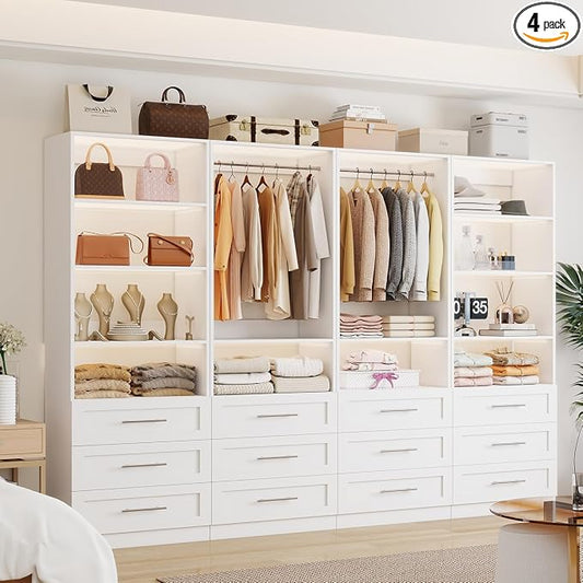 Closet System with 12 Drawers, 96" Wooden Closet Organizer System | 8–21FT Walk-in Storage Modular Closet Systems with 10 Shelves, 6 Expandable Hanging Rods, 4 Sets, Engineered Wood.