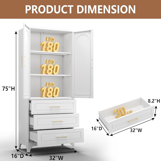 Polup 75" Tall White Metal Pantry Storage Cabinet with 3 Drawers | Heavy-Duty Steel Kitchen Cabinet, 2 Adjustable Shelves & Magnetic Doors, Leveling Feet, for Dining Living Room, Laundry