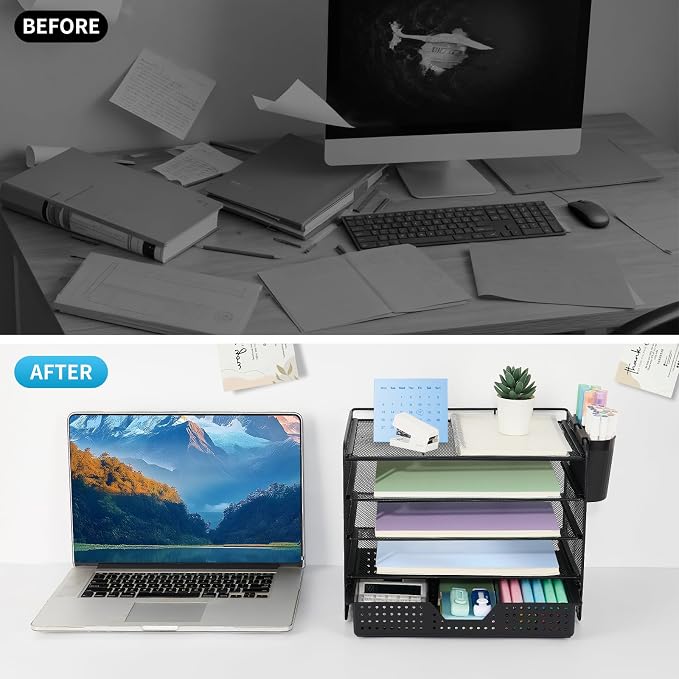 LEKETREE Desk Organizer and Accessories, 5-Tier Paper Letter Tray Organizer with Drawer & 2 Pen Holders for Desktop File Organization, Office Desk Accessories for Supplies Storage (Black)