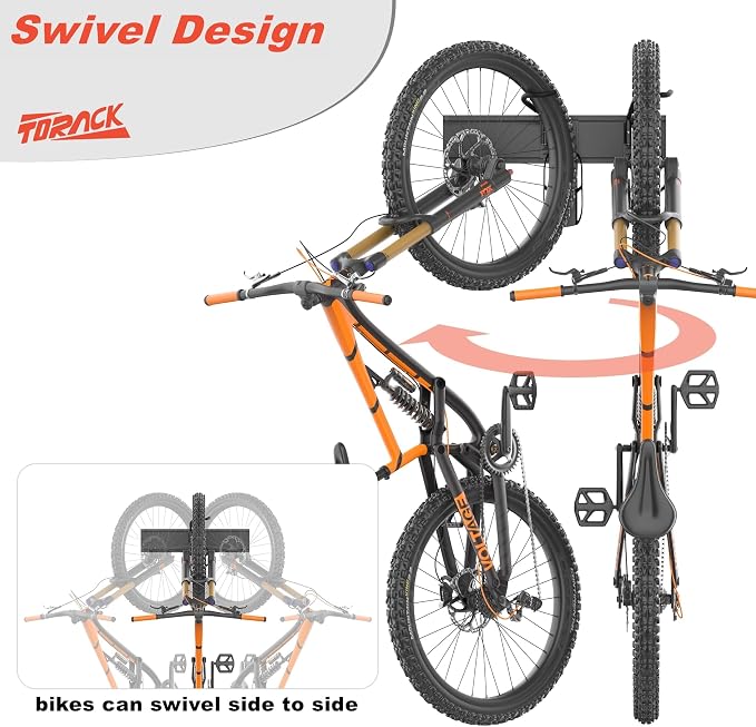 TORACK Wall-mounted Swivel Bike Rack, Garage Vertical Bike Storage Hangers for 5 Bikes Rotating Bike Storage Hooks