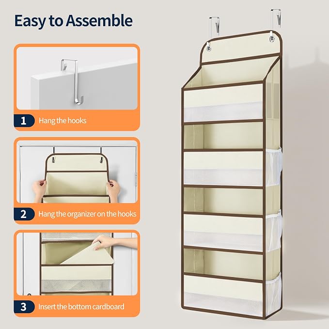 Yecaye Over The Door Organizer, Heavy Duty Hanging Organizers and Storage with 4 Large Capacity Pockets, Swing-Proof Behind The Door Storage for Bathroom Nursery Bedroom Dorm Closet, Beige,1Pc