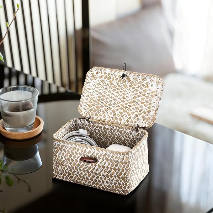 Hipiwe Wicker Shelf Basket Box Mini Seagrass Baskets with Lid,6.1"x4"x3.3" | Tabletop Basket Organizer for Shelf Bathroom Home Decor, Key Basket Holder Box for Entryway, Whitewash