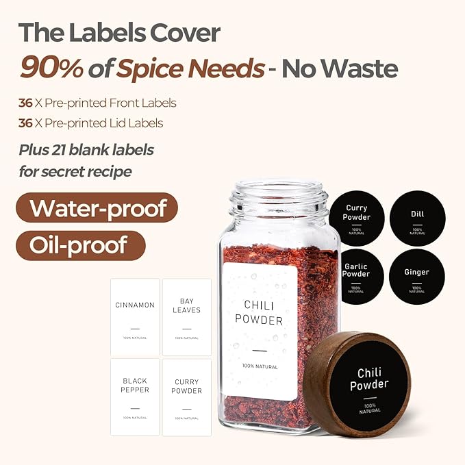 ComSaf Glass Spice Storage Jars with Acacia Wood Lids & Labels 4Oz 24Pack | Seasoning Container for Cooks, Herbs Pepper Salt Cinnamon Paprika, Spice Rack & Drawer, Canister with Shaker Insert & Funnel