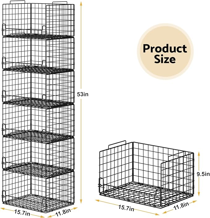 6-Tier Stackable Closet Organizers and Storage Basket - Foldable Closet Shelf Organizer System, Sturdy Metal Space-Saving Clothes Storage Bins for Wardrobe, Black