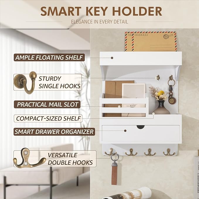 Rebee Vision Key Holder Wall Mount with Drawer & Shelf for Entryway, White | Pine Wood, Key Holder for Wall, 6 Sturdy Key Hooks, Wall Shelf, Drawer Organizer, Modern Home Decor, Decorative Storage