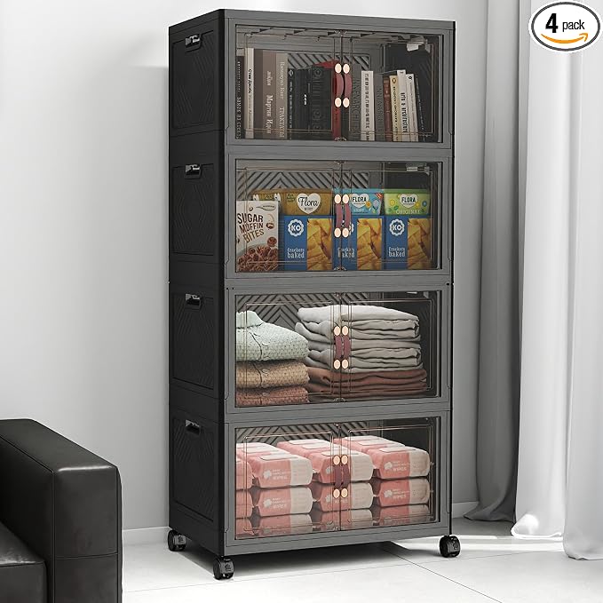 UAMFURI Stackable Storage Bins with Lids, 192QT Lockable Storage Cabinet | Folding Storage Box with Doors and Wheels, Collapsible Plastic Drawers for Home, Garage, Office