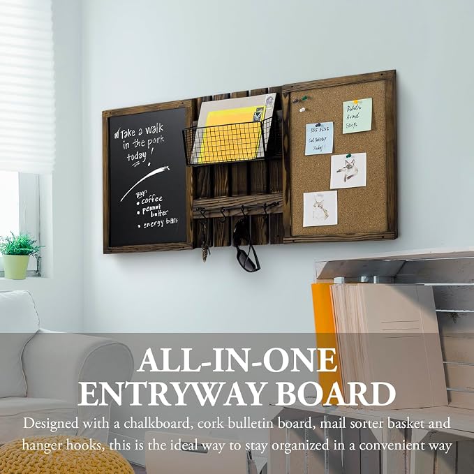 MyGift 3 Panel Wall Mounted Entryway Bulletin Board Combo Set | Rustic Burnt Solid Wood Frame with a Chalkboard, Cork Board, Black Metal Mail Basket, and Hanging Rail Message Display Office