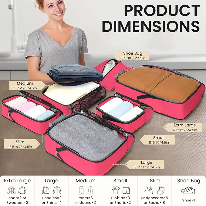 BAGAIL 4 Set/6 Set/8 Set Compression Packing Cubes Travel Accessories Expandable Packing Organizers (Half Mesh, 6-Fuchsia)