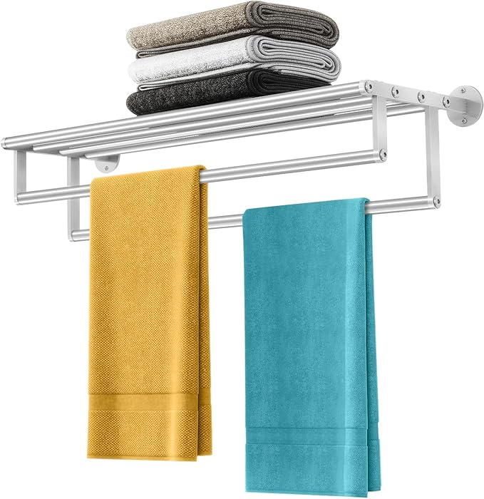 Double Towel Racks for Bathroom Towel Rack with Shelf, 24 Inch Double Towel Bars, Wall Mount Towel Holder for Bathroom Lavatory, Stainless Steel Towel Rod(Brushed Nickel)