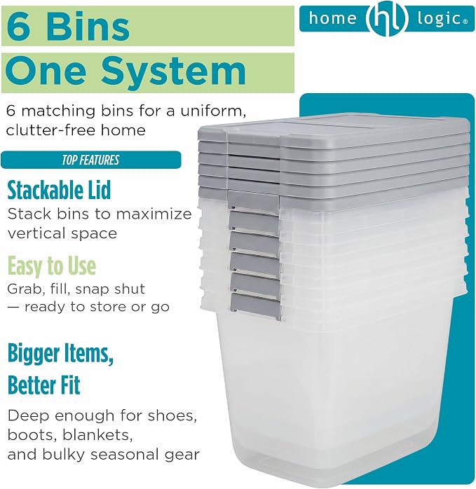 Home Logic 29 Qt Latched Storage Bin with Lid, Stackable Plastic Storage Container, Organizer for Home, Office & Classroom, 6 Pack, Gray
