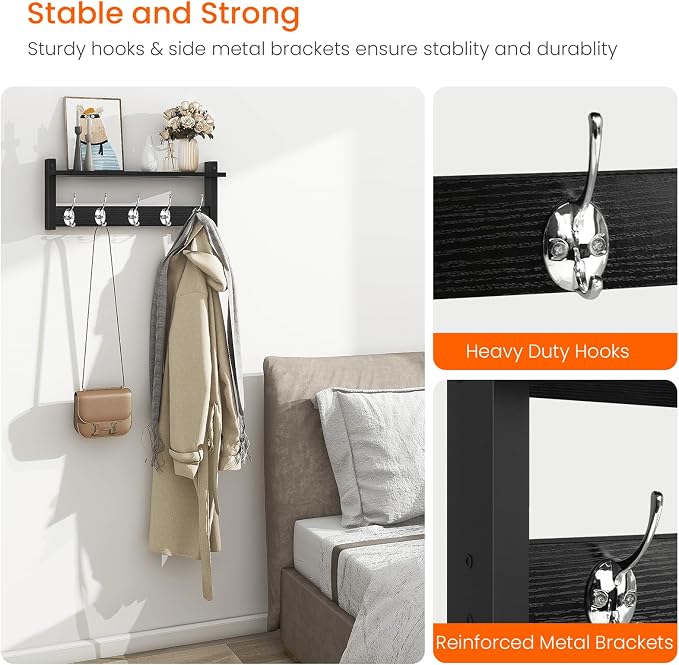 Homode Wall Coat Rack With Shelf, Wood Entryway Hanger With Hooks, Small Floating Pegs for Hanging Coats, Hats, Purses, Backpacks, Black