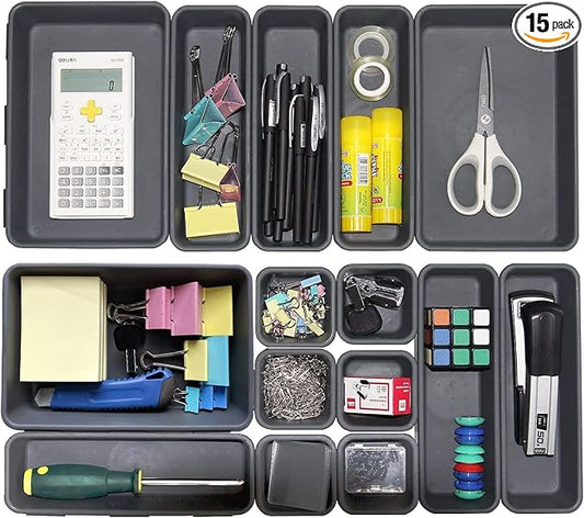 Kutesna 15PCS Interlocking Drawer Organizer, Plastic Desk Organizers Set | 3-Size Versatile Storage Bins,BPA-free, Non-slip, Fits Any Drawer for Cosmetics, Bathroom, Tools, Kitchen and Office