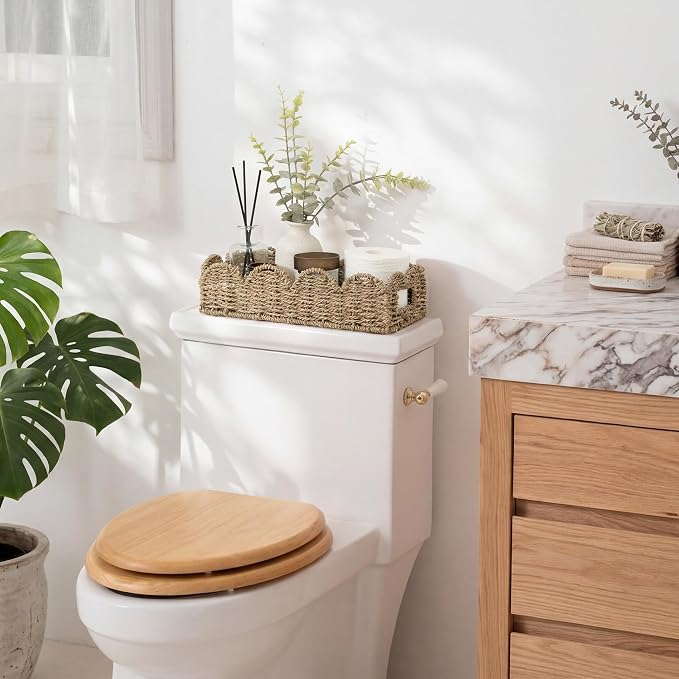 StorageWorks Wicker Scalloped Basket, Small Seagrass Baskets for Storage | Decorative Toilet Paper Basket with Handles for Countertops & Shelves, Back of Toilet Basket Tank Topper for Bathroom Decor