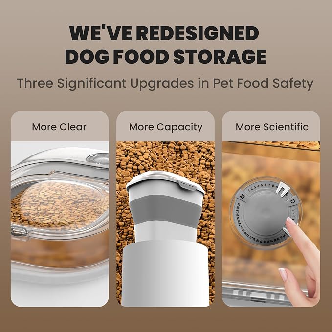 32-35 Lbs Dog Food Storage Container Wheels,Collapsible Dog Food Container | Pet Food Storage Container with Transparent Airtight Lid,Date Track,Keep Fresh for Rice,Flour,Sugar,Scoop and 2PCS Container