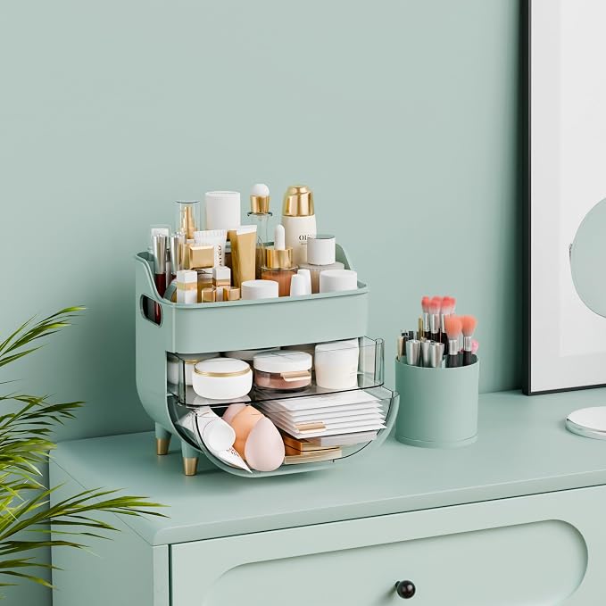 Green Make up Organizers for Counter,Vanity and Dresser,Bathroom Makeup Organizer Countertop,Large Makeup Storage Organizer for Hair Tool,Beauty Products,Skin Care and Cosmetic Display Cases