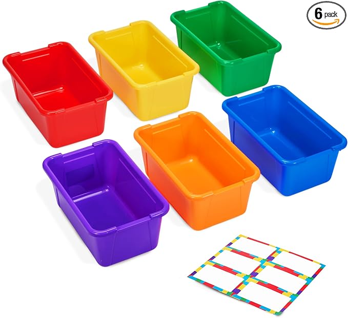 GAMENOTE 6 Quart Plastic Storage Bins Without Lids, 6 Pack, Colorful | Stackable 6-quart bins with lids organize classroom supplies, crafts, toys and building blocks for Classroom & Kids Toy
