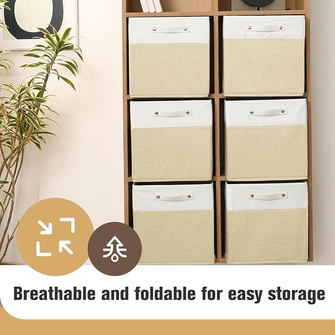 FinishingBo 13x13x13 Storage Cube Bins 6 Pack, Cube Shelf Baskets | Foldable Storage Cubes, Linen Storage Bins with Handles, Closet Organizers, White/Khaki
