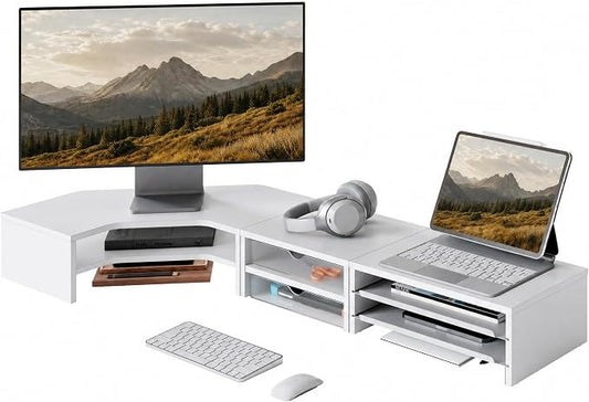 Fenge Dual Monitor Stand, Corner Desk Shelf with Drawer & Slide-Out Tray | Modular Design for Flexible Layouts, 2-Tier Storage Desktop Organizer for Computer, Laptop, Printer and Telephone
