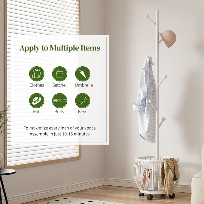 Coat Rack Freestanding Coat Stand with Basket 6 Hooks Wheels,White | Metal Coat Rack Stand Coat Tree for Home Entryway Bedroom Living Room Office Corner Modern Organizer for Scarf Jacket Hat Bag