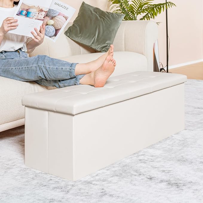 PINPLUS Folding Storage Ottoman Bench with Tray, 43.3inches Faux Leather Long Storage Chest Footrest Seat, Coffee Table, Foot of Bed Storage Bench for Living Room Bedroom, Beige