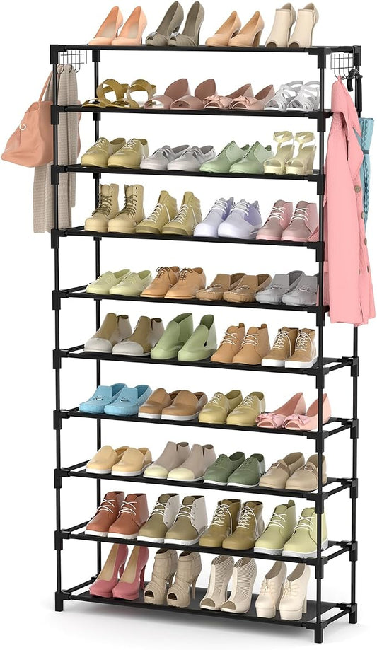 LANTEFUL 10 Tiers Shoe Rack 50 Pairs Large Capacity Tall Shoe Organizer Sturdy Shoe Storage with Two Hooks Space Saving Metal Wide Shoe Rack for Closet, Entryway, Bedroom, Black