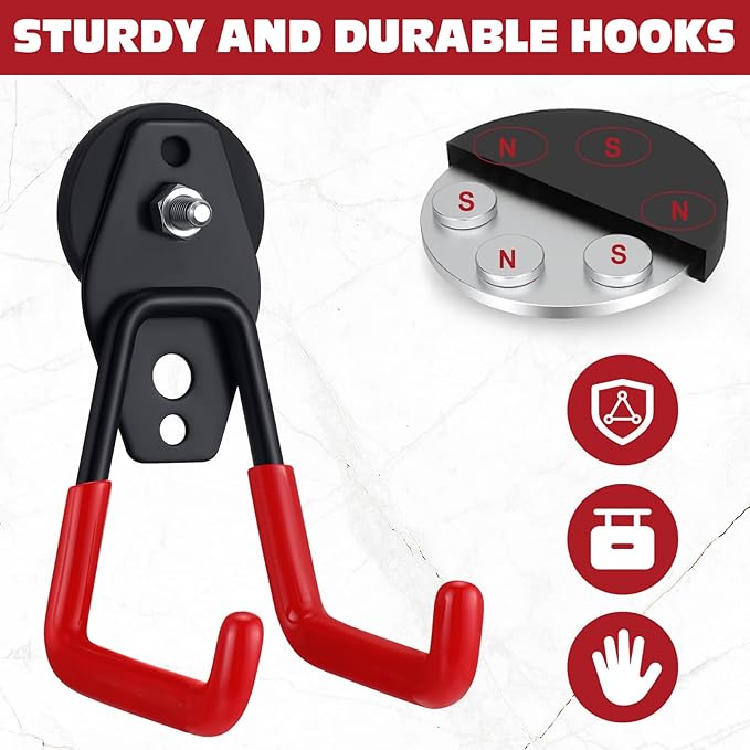 Landhoow 10 Pcs Large Magnetic Hooks Heavy Duty Garage Magnet Hooks Strong Storage Utility Magnetic Hangers with Anti Slip Rubber Coating for Indoor and Outdoor Hanging (Red)