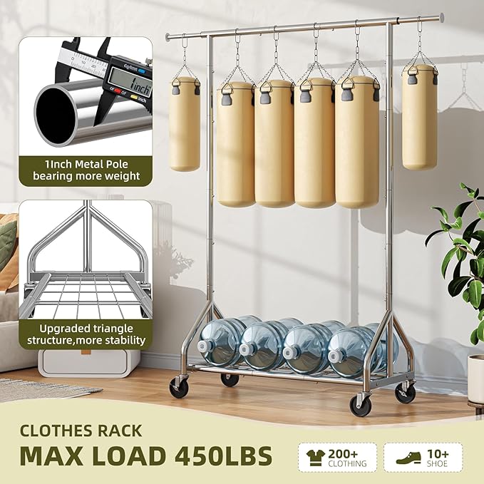 Simple Trending Heavy Duty Clothes Rack, Extendable Clothing Rack, Chrome | Double Rod Garment Rack, Freestanding Portable Closet, with Wheels & Shelf, Adjustable Middle Rod, for Bedroom, Laundry