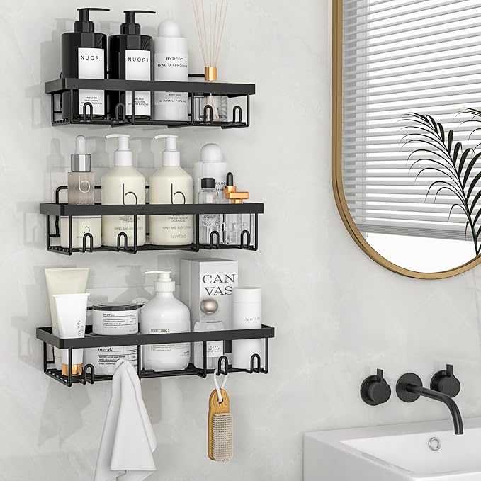 Liuoud 10 Pack Shower Caddy Organizer Rack Shelf for Inside Shower, Self Adhesive Wall Storage Basket Rustproof Stainless Steel Shampoo Holder Bathroom Accessory Decor Set, Black
